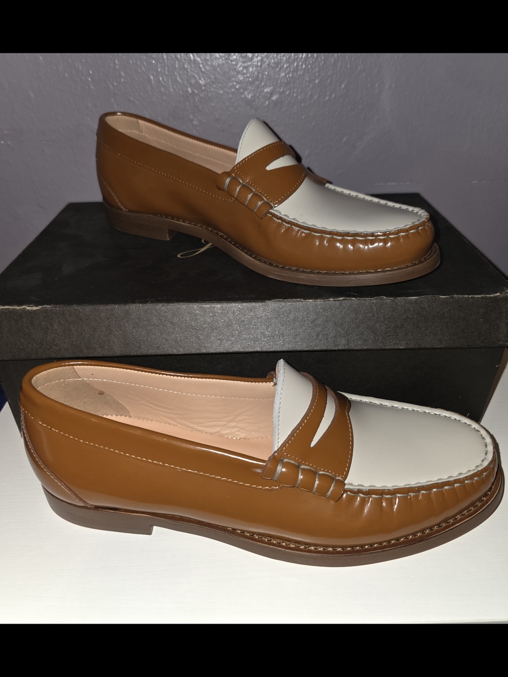 J. Crew Two-Tone Penny Loafers in Brown and Cream WOMENS